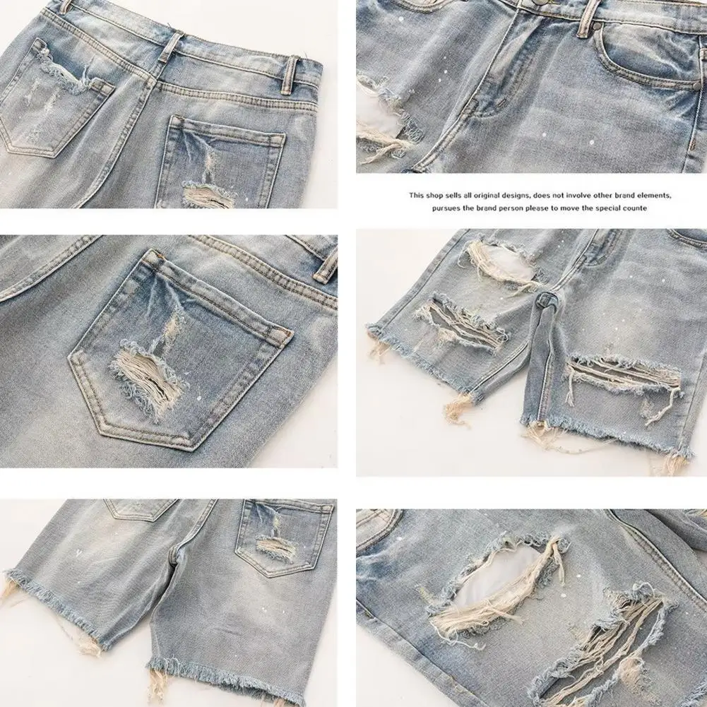 Men Summer Distressed Denim Shorts Button Zipper Fly Multi Pockets Short Jeans Straight Fit Ripped Holes Knee Length Distressed