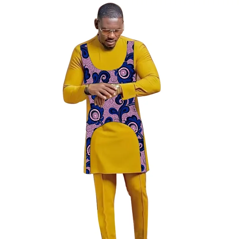 Patchwork Shirt With Solid Pant Yellow Men\'s Groom Suit Male Nigerian Fashion Custom Made African Party Outfits