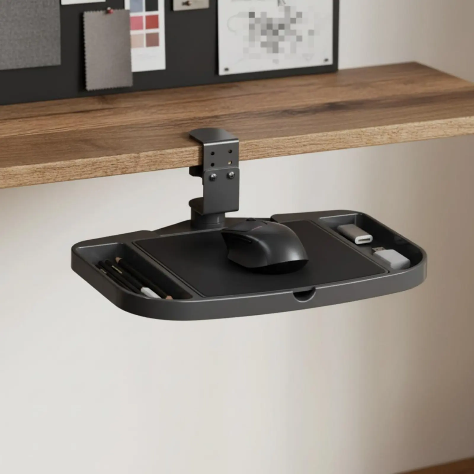 Rotating Desk Tray Multi-Function Clamp-on Desk Organizer Clamp on Mouse Platform No Drilling Rotating Mouse Shelf for Office