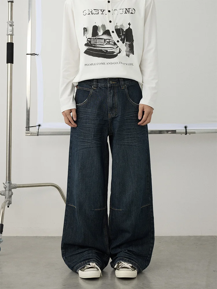 Retro American Large Size Denim Jeans High Waist Wide Legged Torn And Washed Design Sense Loose Fit  Flag Embroidery