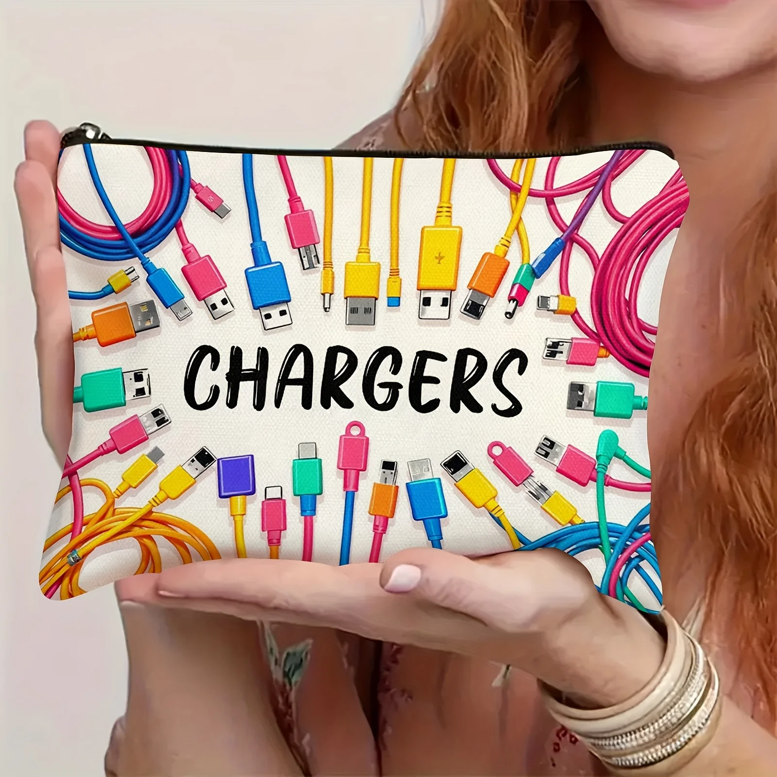 Vibrant Colorful Cable & USB Storage Bag Durable Zipper Pouch, Uni Electronic Accessory Case with ''CHARGERS'' Print Pouch Bag