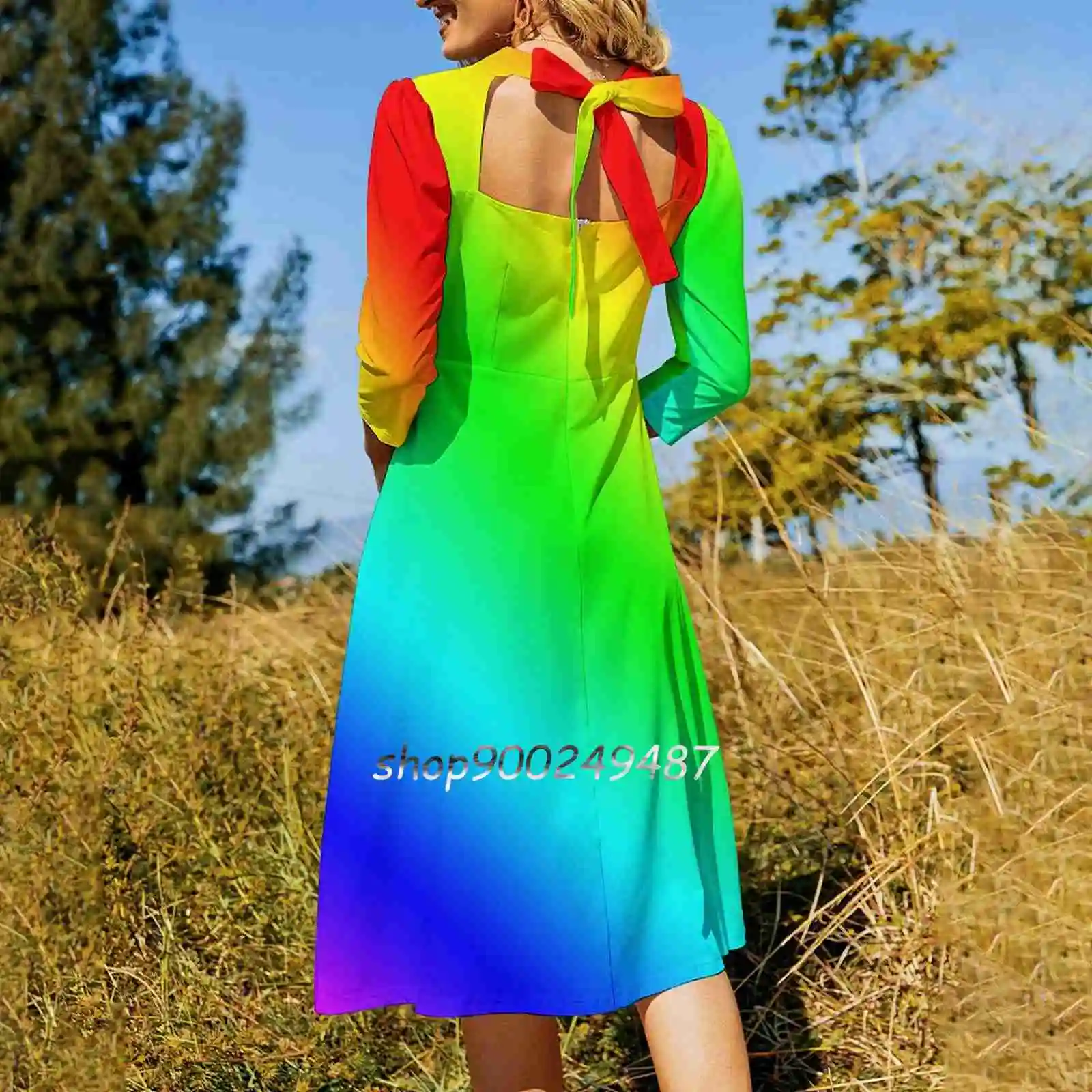 Rainbow Square Neck Dress Sweet Summer Dress Women Elegant Halter Print Dress Rainbow Colours Rainbow Colours Pride Month Month