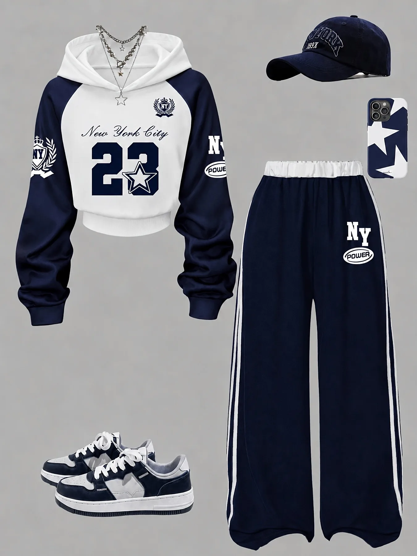 Girls 2Pcs New York 23 Print Colorblock Hoodie Wide Leg Pants Set, Preppy Casual School Tracksuit for Kids