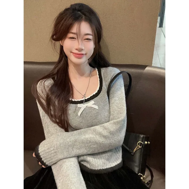 Women Autumn Korean Slim Fashion Bow Square Collar Long Sleeve Knitwear Ladies Office Lady All-match Knitting Bottoming Shirt