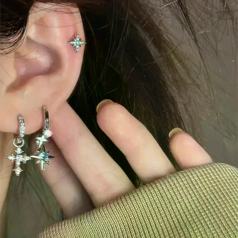 1pair  Blue Zircon Eight-Pointed Star Pendant Earrings For Women Silver Color Star Tassel Ear Buckle Y2K Jewelry Gift