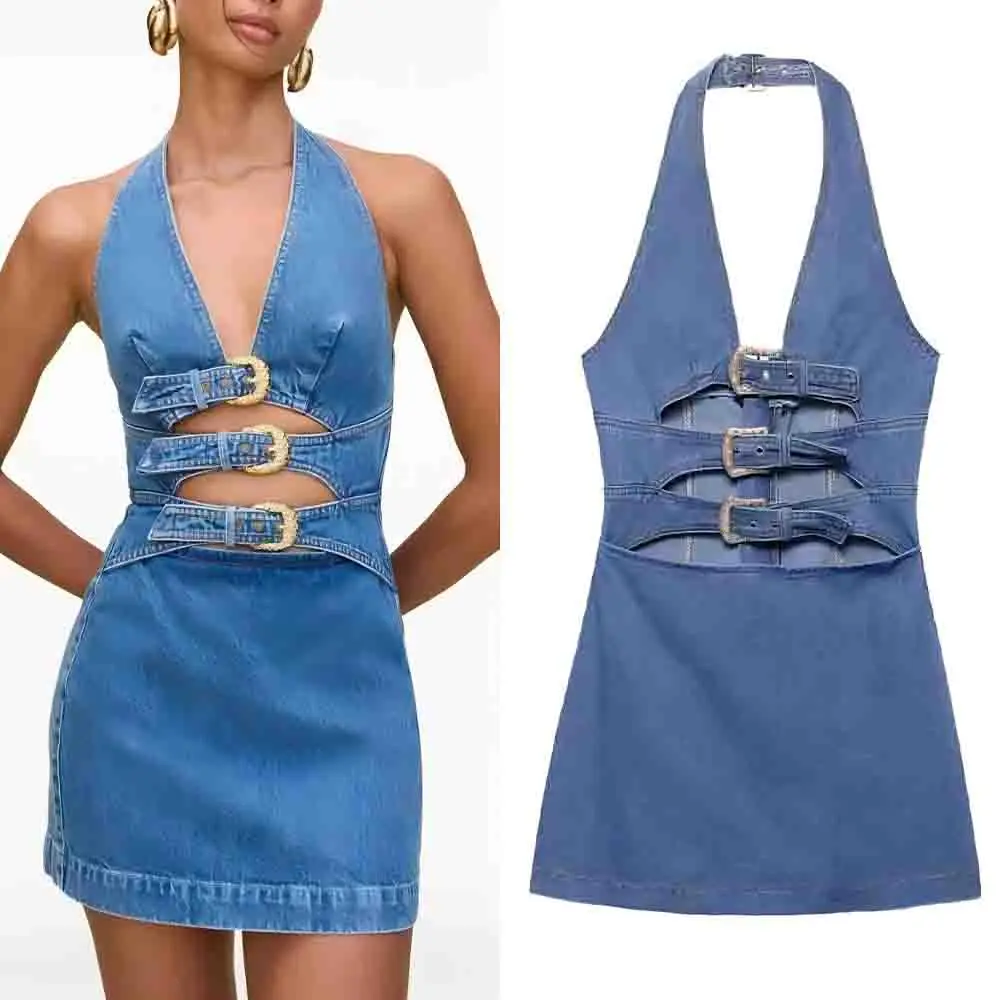 

Women's New fashion open design slim hanging neck denim mini dress retro sleeveless backless women's dress