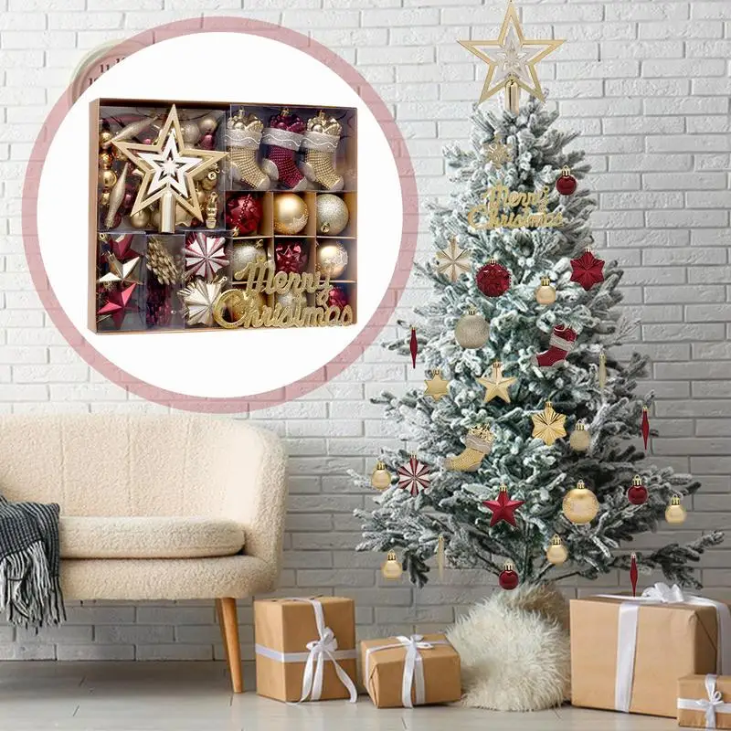 Christmas Tree Decorations Set Red And Golden Christmas Ornaments 70X Stars Balls Stockings Classic Decor For Indoor Outdoor