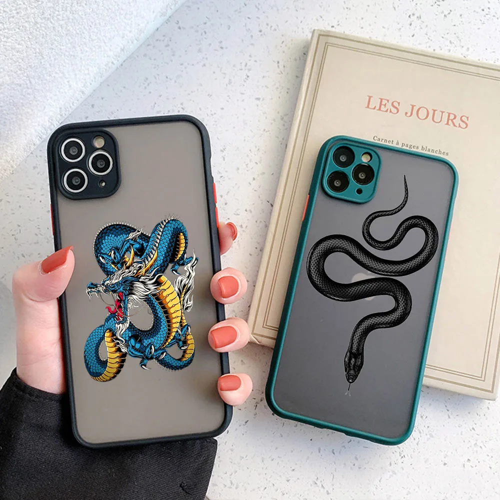 Translucent Phone Case For iPhone 16 15 14 7 8 Plus 13 12 11 Pro Max X XR XS SE Mini Luxury Snake Cobra Python Matte Back Cover