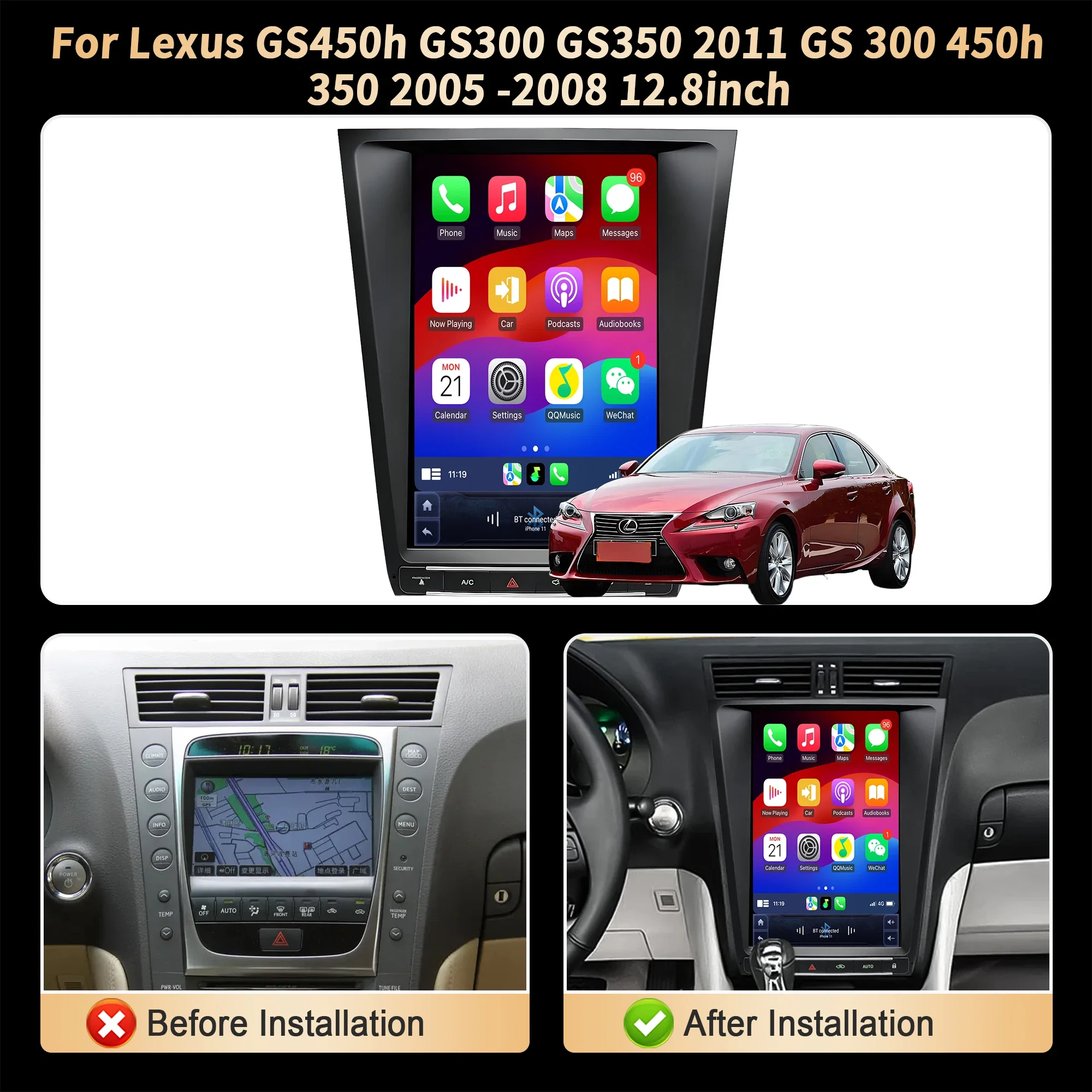 12.8“ Car Radio For Lexus GS450h GS300 GS350 2011 GS 300 450h 350 2005-2008 Wireless Bluetooth CarPlay Touch Screen Stereo