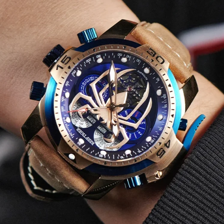 Reef Tiger Men Automatic Watch 46mm Mechanical Wristwatch Luminous Sapphire Mirror Multi-Dial Year Month Week Date Spider Dial