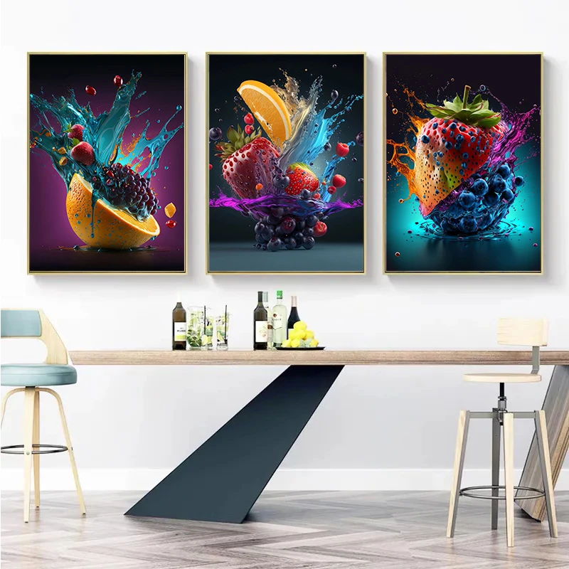 Natural Fresh Fruits Splash Poster and Prints Strawberry Oranges Canvas Painting Kitchen Shop Dining Room Decor Wall Art Picture