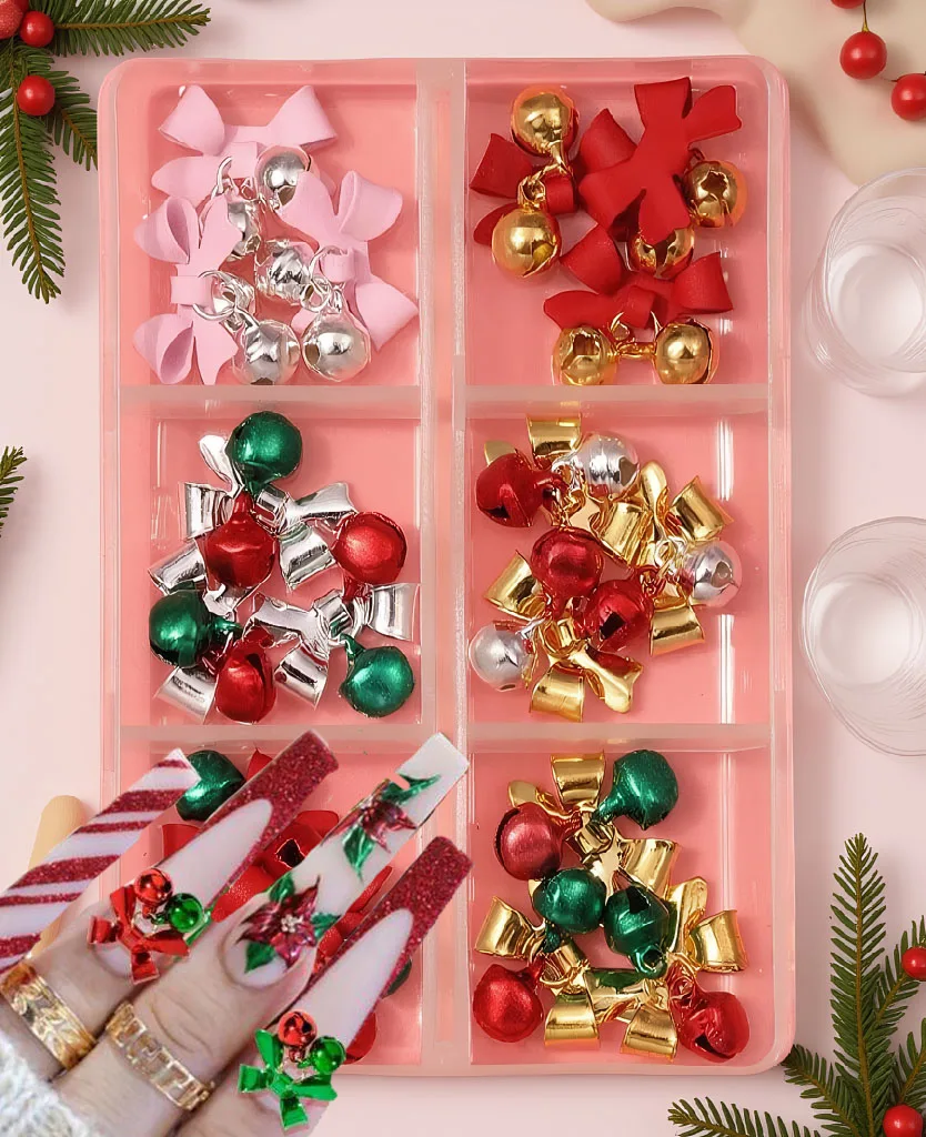 10/18pcs Christmas Bow Bell Nail Charms Red Green Gold DingLing Bell Pendant Holiday Nail Decoration Xmas New Year Nail Supplies