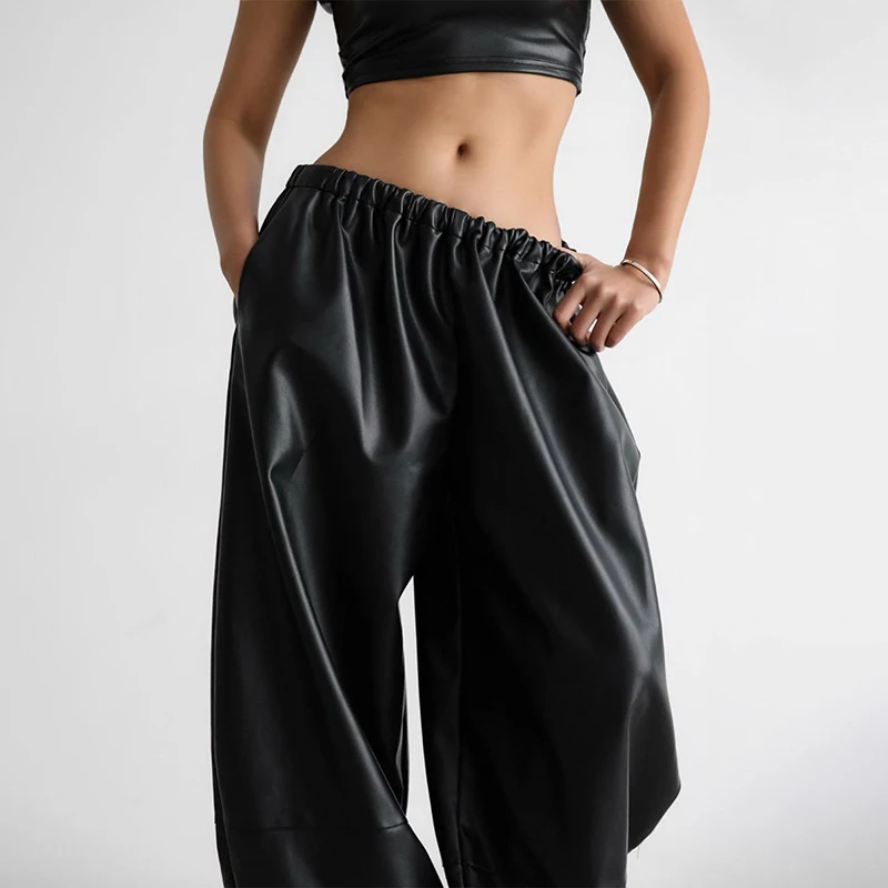 Tornova PU Leather Loose Bloomer Pants For Women High Street Casual Drawstring Trousers Club Party Pants Female 2025 Fall New