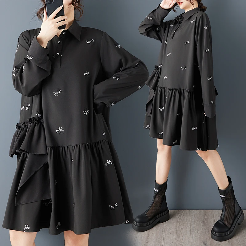 

Spring Fashion Loose Dark Style Embroidered Patchwork Pleated Lace Trim Mid-Length Knee-Over Dress Women's plus Size Dress