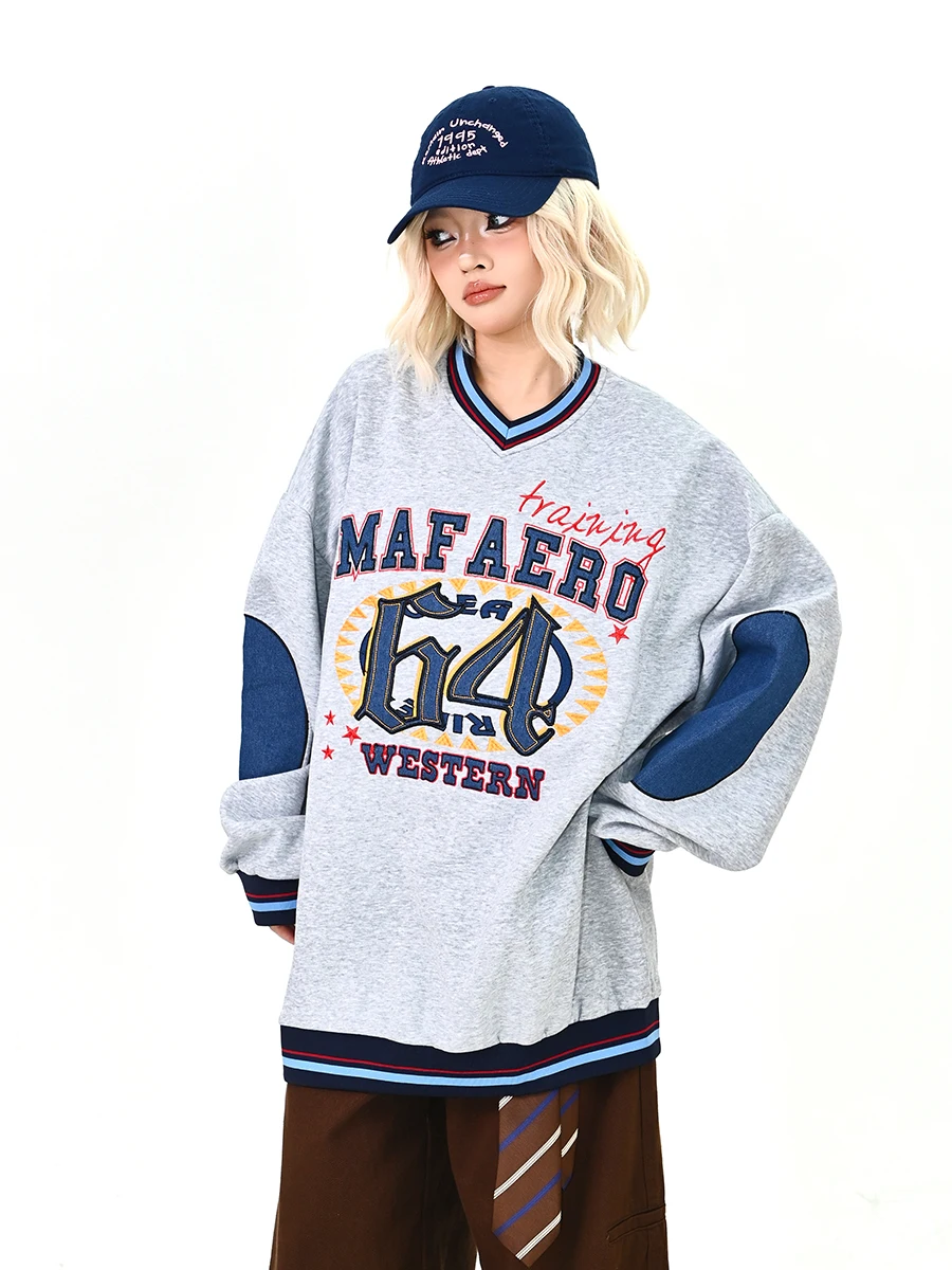 

Женская свободная толстовка с V-образным вырезом и вышивкой в американском университетском стиле, весна 2026, новинка, уличный стиль