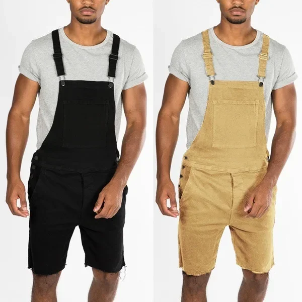 Men Jeans Overalls Knee Length One Piece Straight Pants Denim Pockets High Street Washing Distressed Cargo Spliced jumpsuit 2025