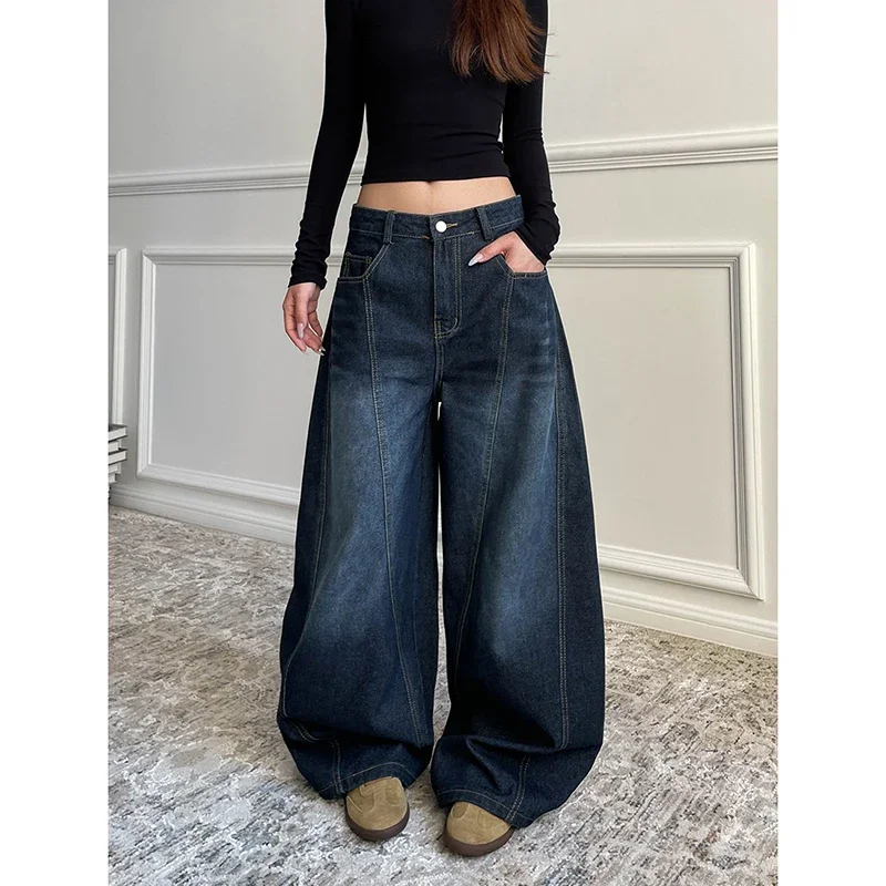 Stylish Chic Elegant Embroidered Patchwork Jeans Women Vintage Washed Draping Denim Straight Loose Fit Slimming Versatile Pants