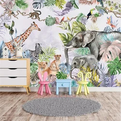 Hand Drawn Animals Jungle Wallpaper Tropical Banana Leaf Vine Parrot Wall Decoration Painting Paper Children Room Renovation 3D