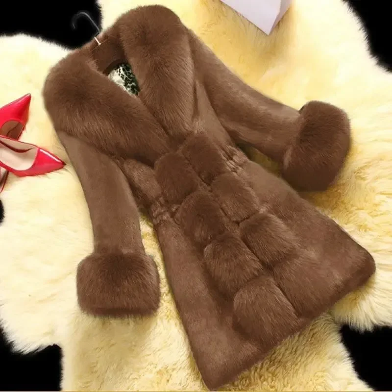 Vintage 2024 New Autumn Winter Female Mid-Long Fleece Overcoat Faux Fur Fox Fur Collar Mink Fur Coat Thicken Elegant