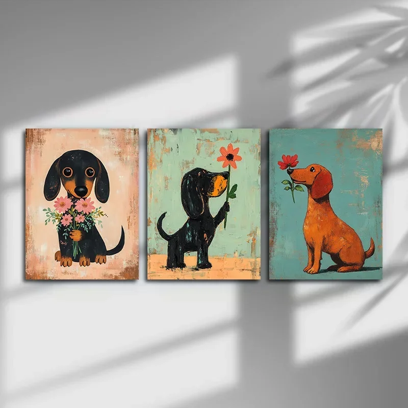 3pcs Vintage Dachshund Dogs with Flowers Canvas Wall Art Set, Reusable Wooden Log Style Decor for Stylish Living Room & Bedro