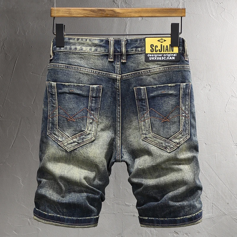 Newly Fashion Summer Men Jeans Retro Black Blue Elastic Vintage Short Ripped Jeans Embroidery Patched Designer Denim Pants Men