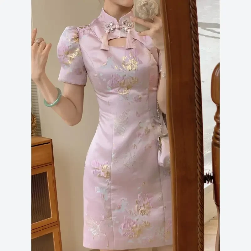 2025 New Chinese Style Purple Print Dresses Women Satin Cheongsams Improved Vestidos Vintage Mandarin Collar Qipao abc