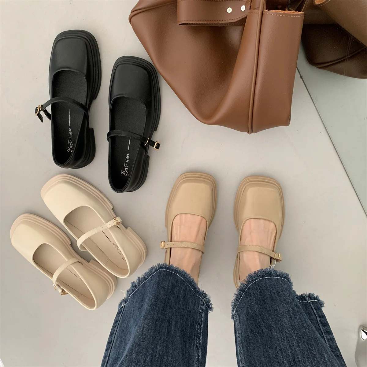 Women Thick Heels Elegant Shallow Footwear Fashion Lady Shoes Mary Jane Shoes Women Square Toe British Style Small Leather Shoes