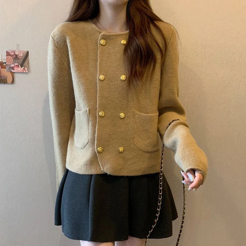 French Short Knitted Cardigans Women Vintage Double Breasted Pockets Sweater Woman 2023 Autumn Winter O-Neck Loose Cardigan Coat