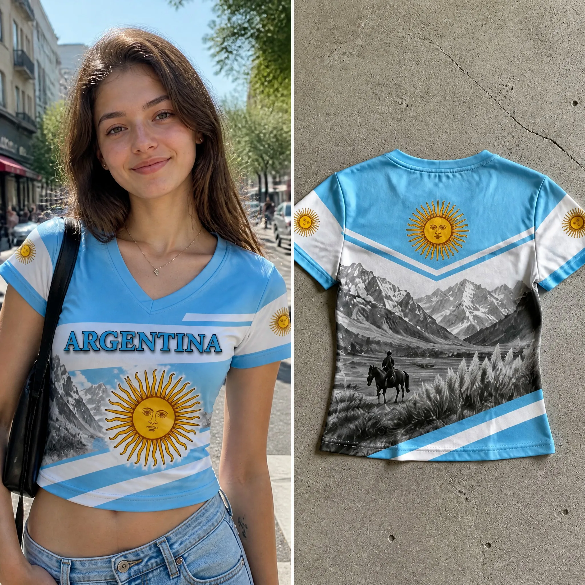 Womens Argentina V Neck Crop Tee Shirt Sky Blue Mountain Sun Graphic Short Sleeve Casual Streetwear Top Summer Vacation Wear New