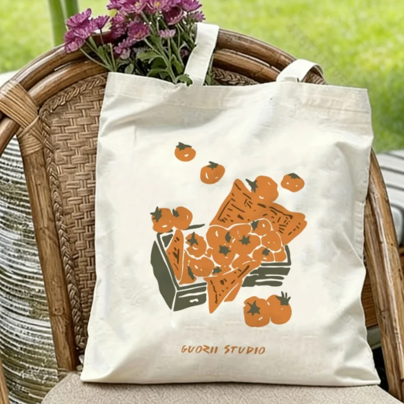 

1PC Persimmon Basket Canvas Tote Eco-friendly Reusable Shoulder Bag