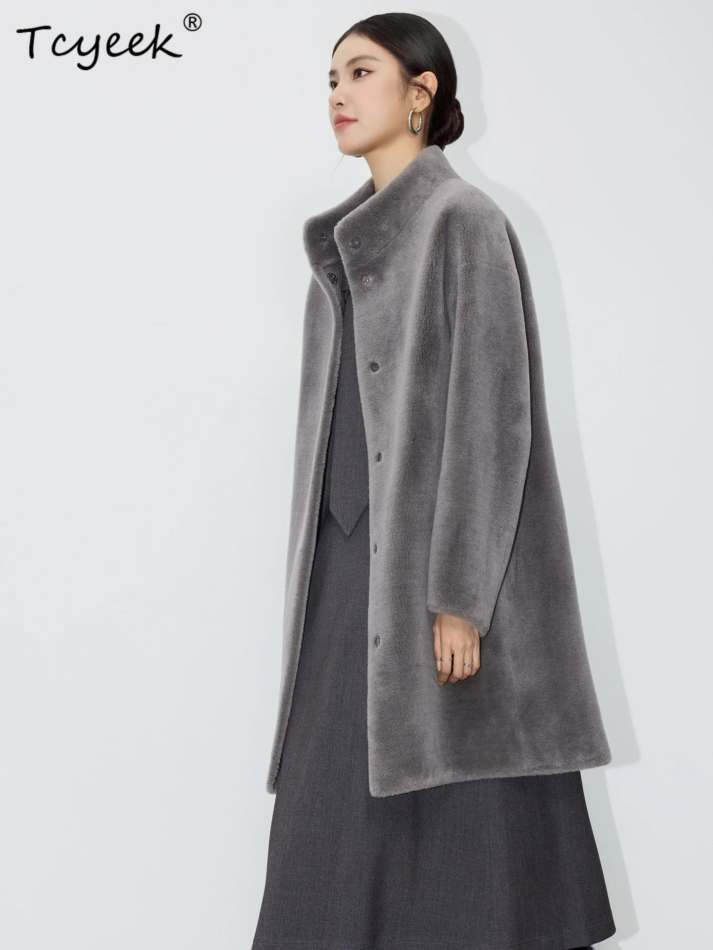 Tcyeek الصوف الحقيقي الخريف الشتاء الراقية العصرية الوقوف طوق رمادي متوسط طويل المرأة الصوف شيرلينغ معطف الفرو Fourrures فام