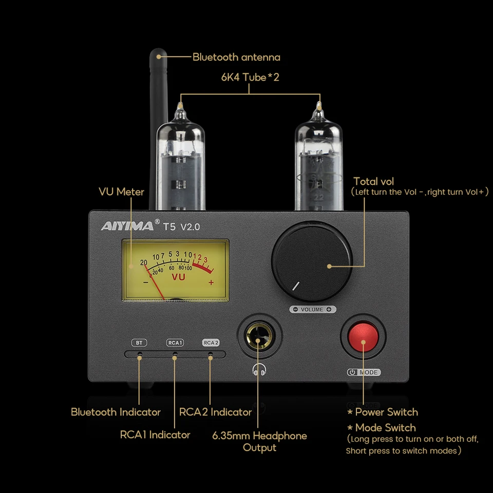 AIYIMA T5 V2.0 HiFi 2RCA Bluetooth 5.1 真空管ヘッドホンアンプ VU