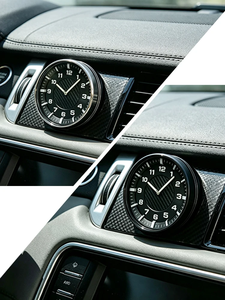 FLEYE Horloge de voiture automatique, montre embarquée pour le style automobile, accessoires de voiture, ornement, cadre en métal chromé, fibre de carbone