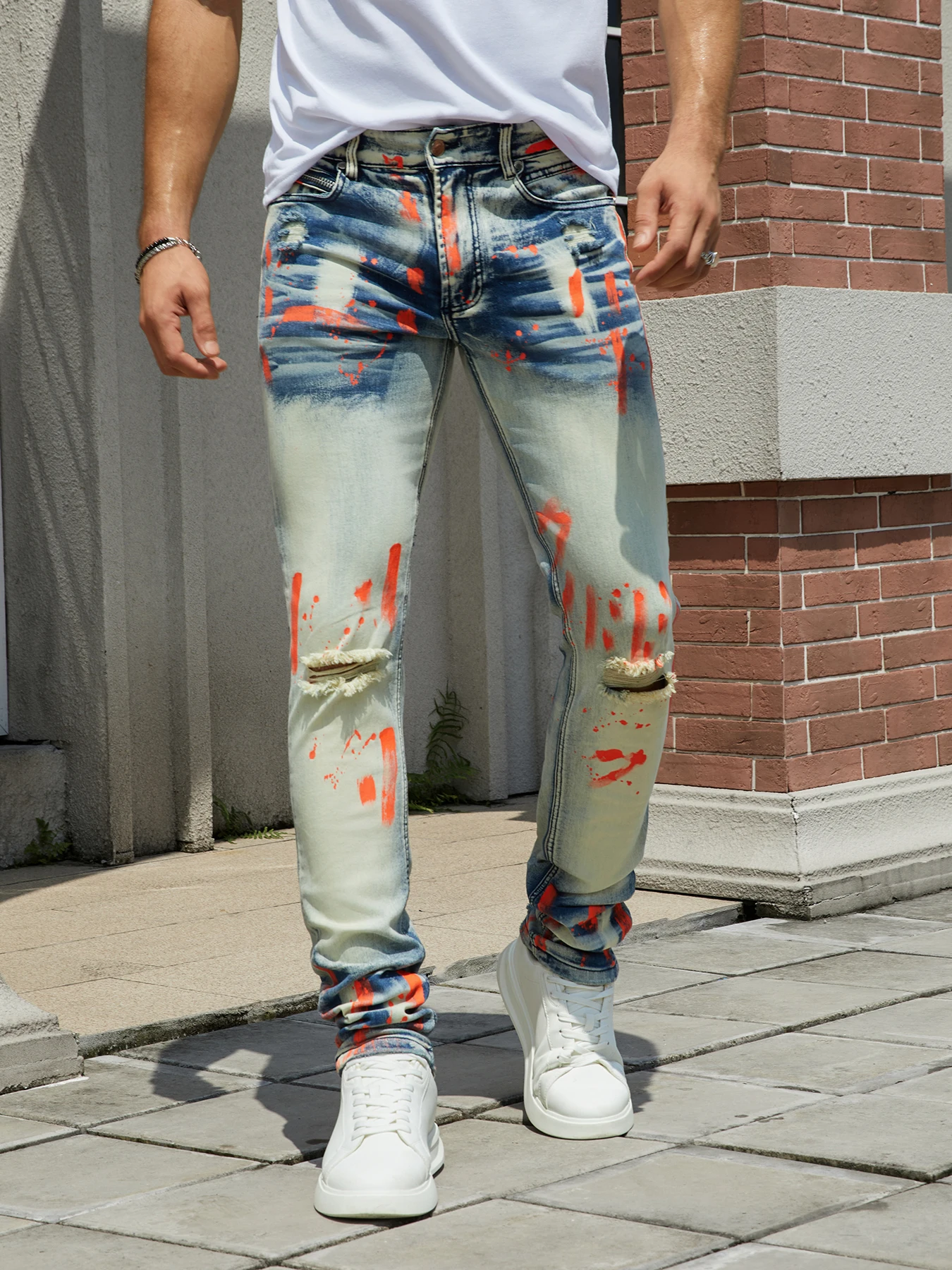 Men's denim stretch pants, full hand-painted print, knee holes, fashion cat crease wash- RSM-MALCOLMslim-fit style, street rock-