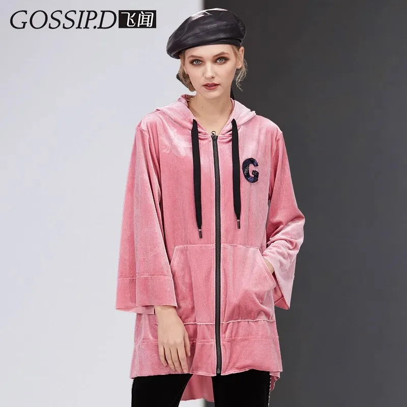 

Autumn and Winter Women's Long Windbreaker Outwear Loose Hooded Zipper Large Size Casual Accessible Luxury Fashion Velvet Top