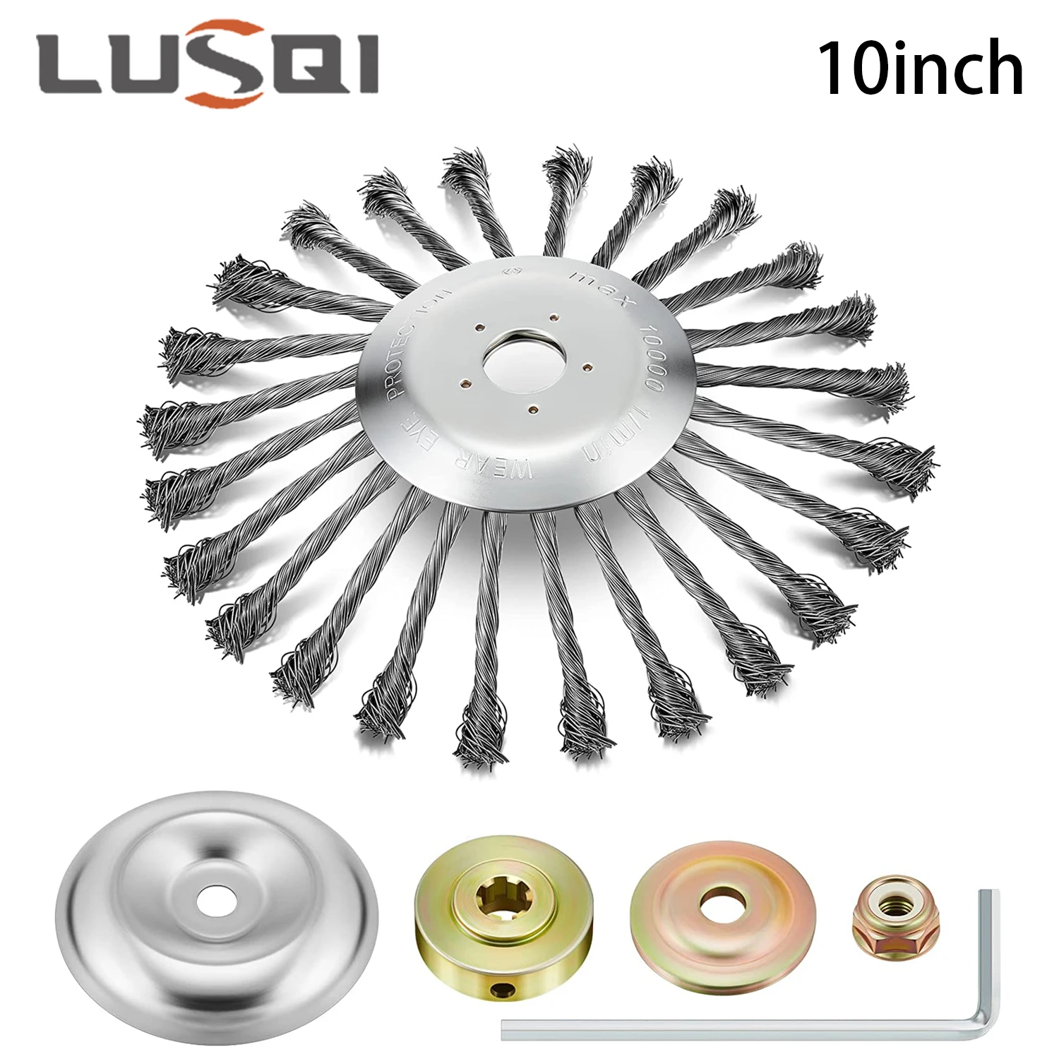 

LUSQI 10" Weed Brush Wire Swivel Brush Trimmer Head with Universal Adapter Kit, Compatible Garden Mowers, Moss Weed Removal