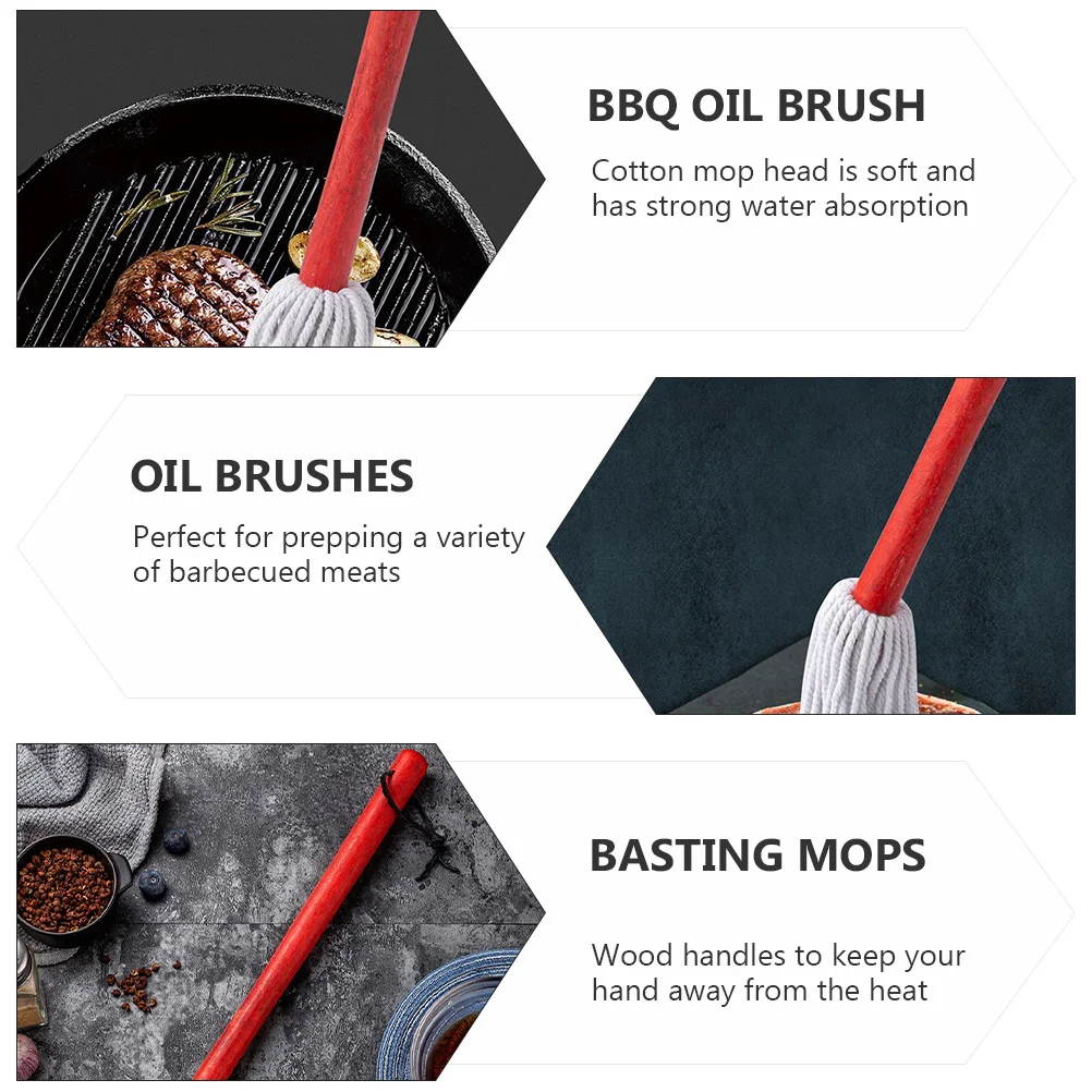 

2pcs Oil Basting Mops Bbq Sauce Brush Kitchen Tools Cotton Mop Head Wood Handle Barbecue Meat Ribs Chicken Pork Baste Sauce
