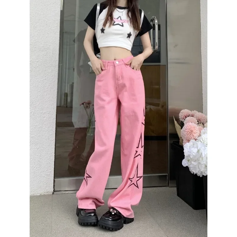 Y2K Aesthetics Streetwear Design Straight Mopping Denim Trousers Female 2025 American Street Hip-hop Wide-leg Star Print Jeans