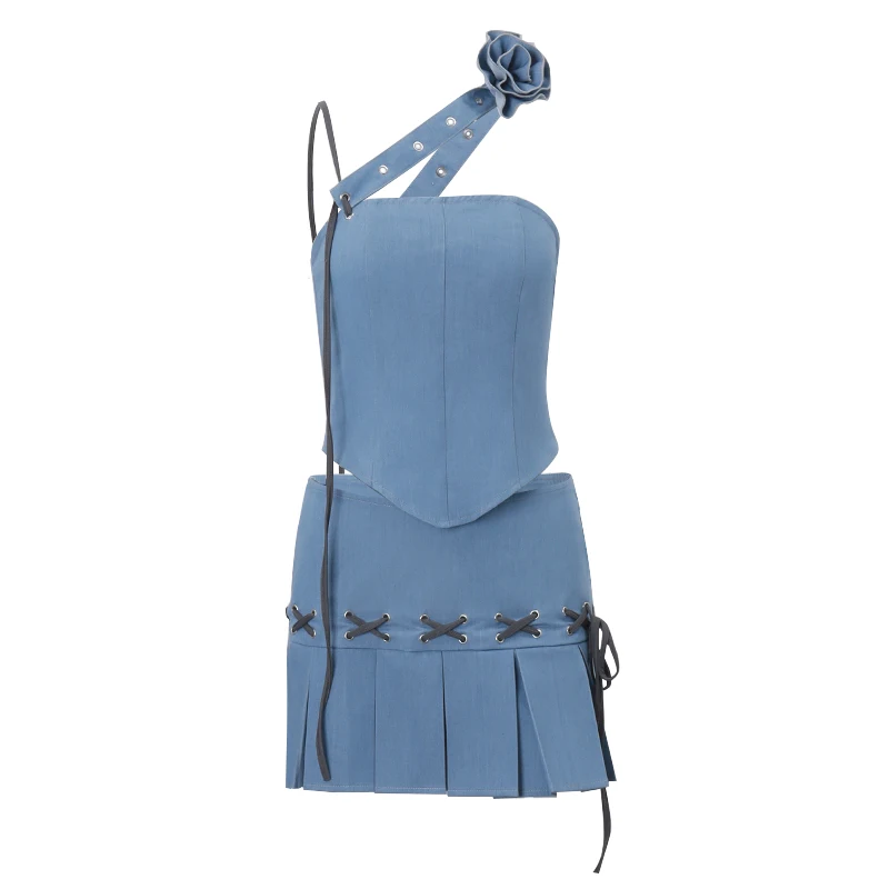 WhereMery Fashion New Two Piece Set Summer Blue Y2K Sleeveless Slanted Neck One line Neck Strap Top and Pleated Mini Dress