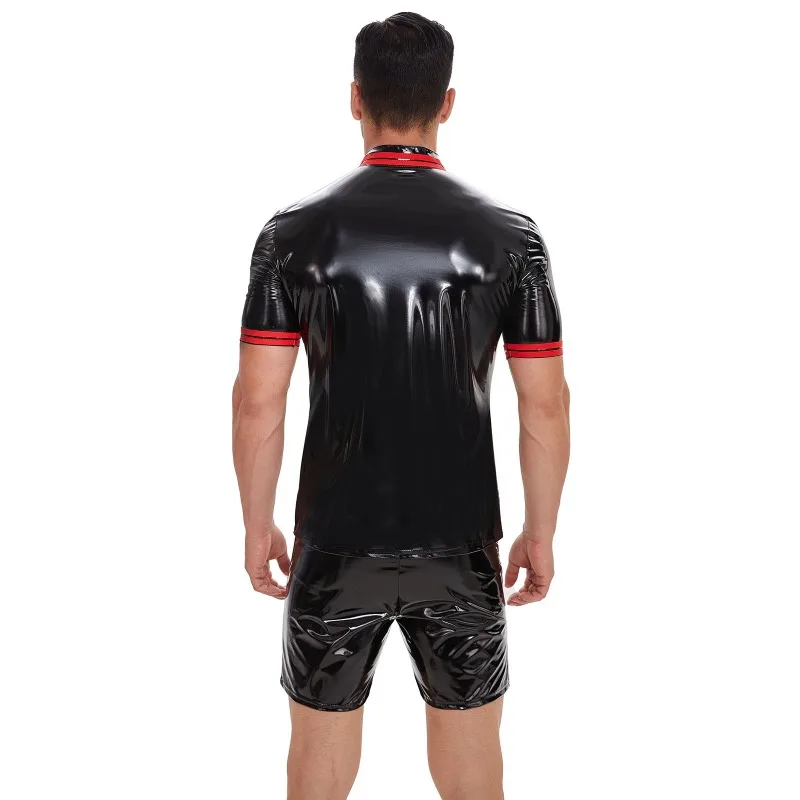 New Men's Shiny Leather T-shirt, Glossy Faux Leather, Short Sleeve Tees, Stand Neck Shaping, Latex Casual Shirt, Plus Size, 7XL