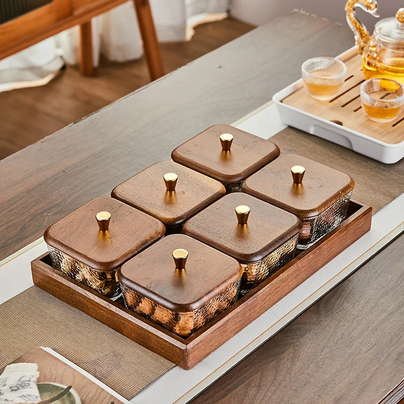 New Style Walnut Cover Light Luxury Glass Fruit Bowl Tray Dim Sum Dried Fruit Box Snack Tray with Wooden Tray Kitchen Storage
