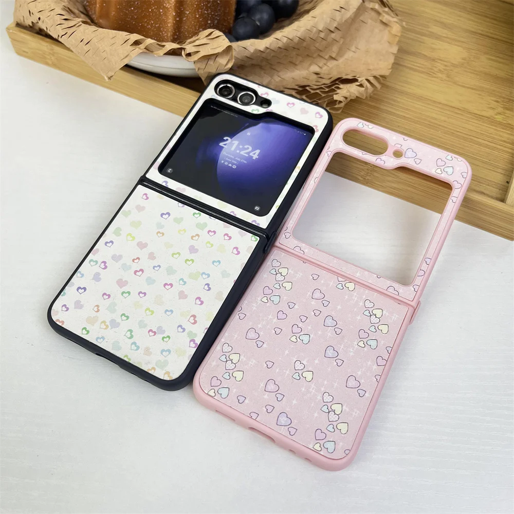 INS Cute Glitter Heart Phone Case For Galaxy Z Flip 5 6 Leather Cover For Samsung Galaxy Z Flip6 z flip3 4 Slim Protective Cover