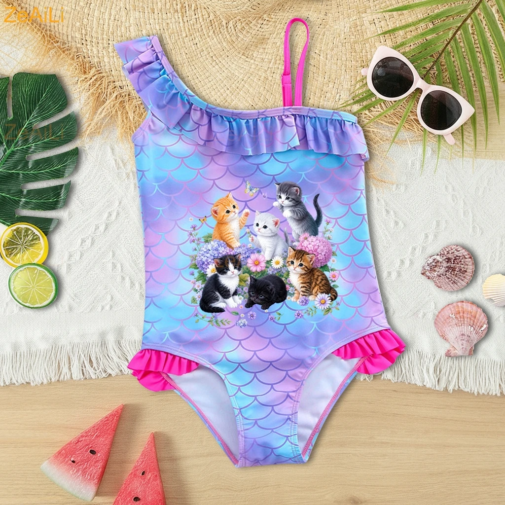 Cartoon Cat Print Baby Girl Mermaid Fish Scale Swimsuit One-Piece Swimwear Toddler Vacation Bathing Suit Beach Outfit Aged 4-12