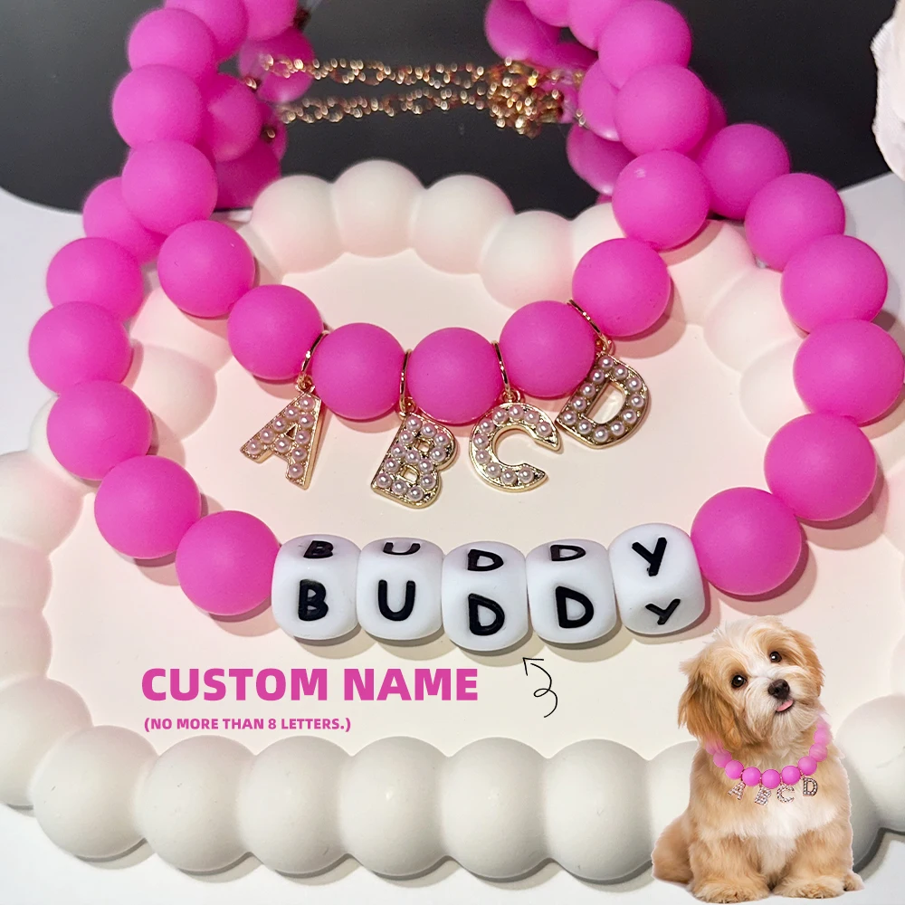

15MM Customizable Dog Cat Beaded Collar Personalize with Pet's Name Glowing at Night Walking Hot Pink Stylish Necklaces