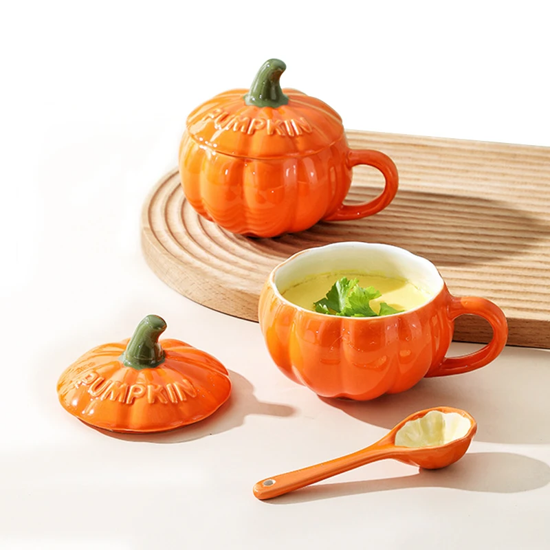 Halloween Accessories Pumpkin Creative Personality Wholesale Milk Coffee Cup Breakfast Oatmeal Ceramic Mug With Spoon Lid