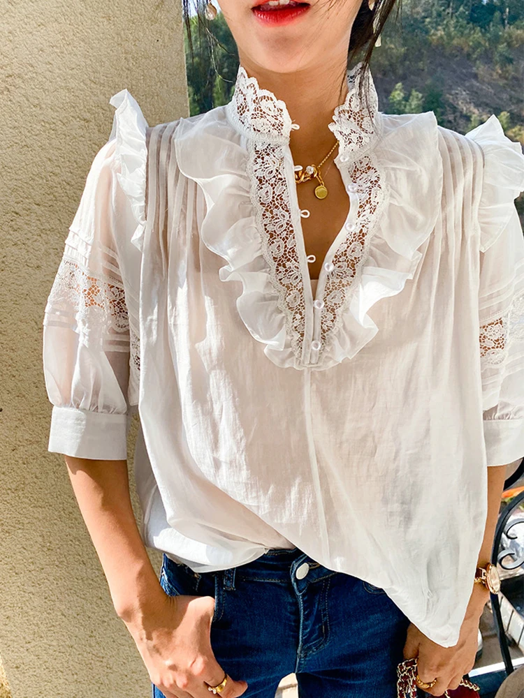 

Lace Chic Blouse Shirt Elegant 2022 Autumn Lyocell White Embroidery Hollow Out Women Blouses Lantern Sleeve Sexy Ladies Tops