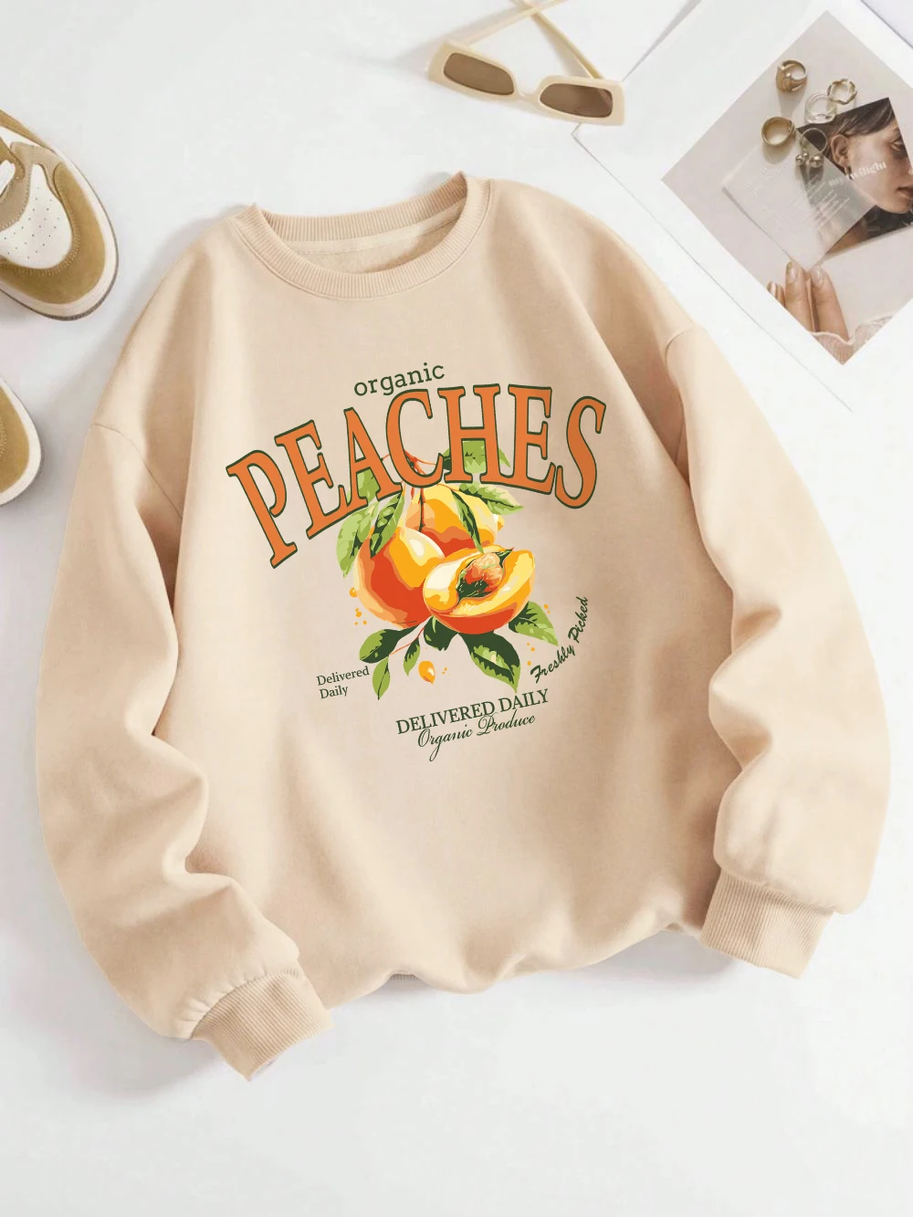 توصيل الخوخ العضوي اليومي البلوز المرأة الفواكه الطباعة هوديس Crewneck فضفاض الصوف الدافئة القمم الخريف ملابس امرأة