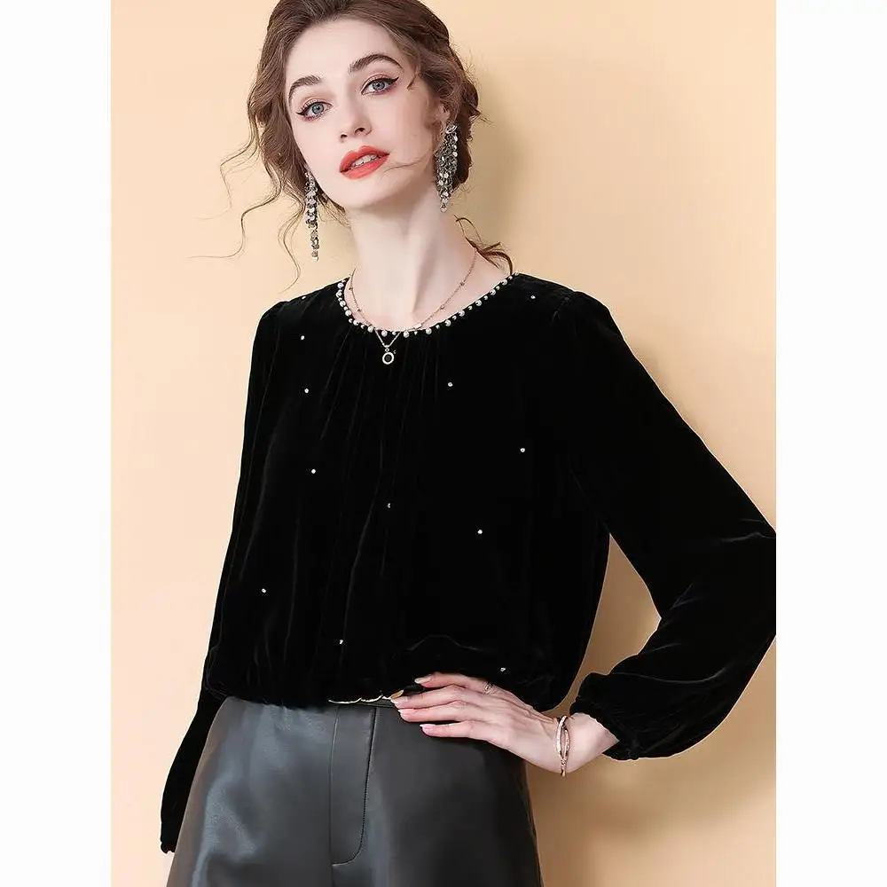 Women's Black Golden Velvet Short Top, Spring and Autumn Pullover, New Beaded Fashion, Long Sleeved Shirt, 2025 TT677