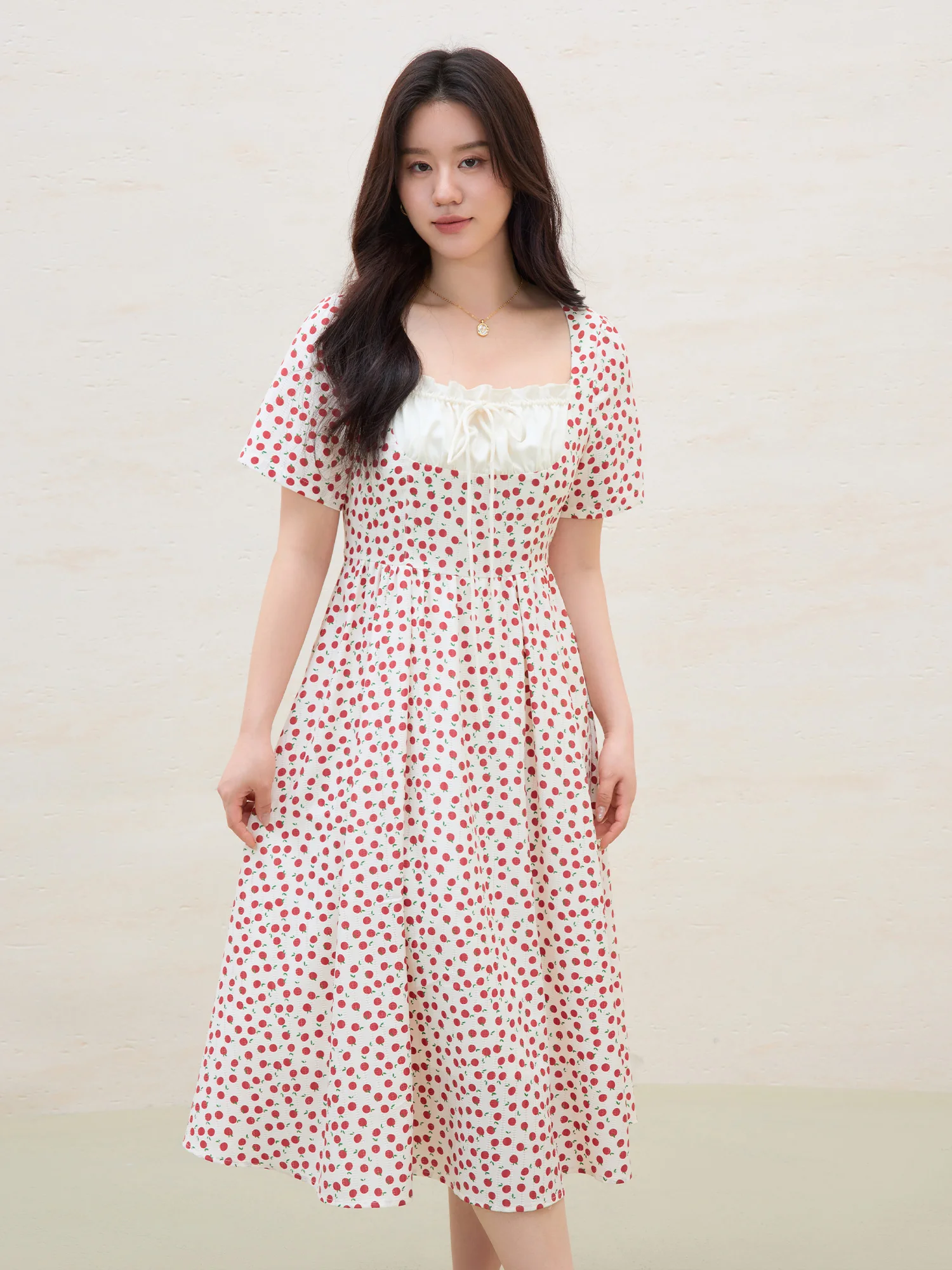 DUSHU 2025 Summer Women's French-Inspired A-Line Dress - Ruffled Hem & Adjustable Drawstring for Flattering Silhouette