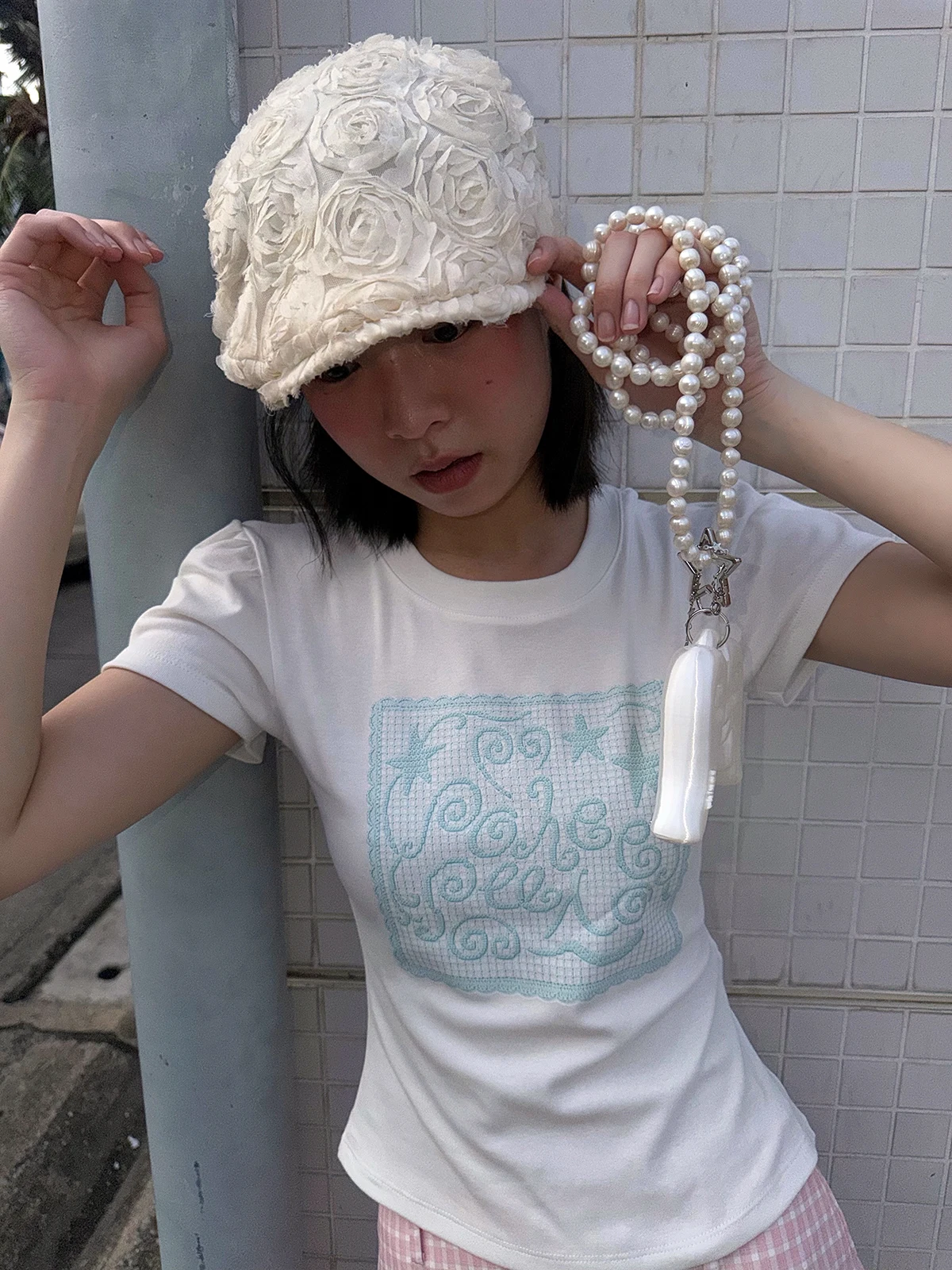 Slim Fit Sakura Grid Short Sleeve T-Shirt Korean Style Girls Design Pleated White Top Cotton Polyester Elastic Fiber round Ne...